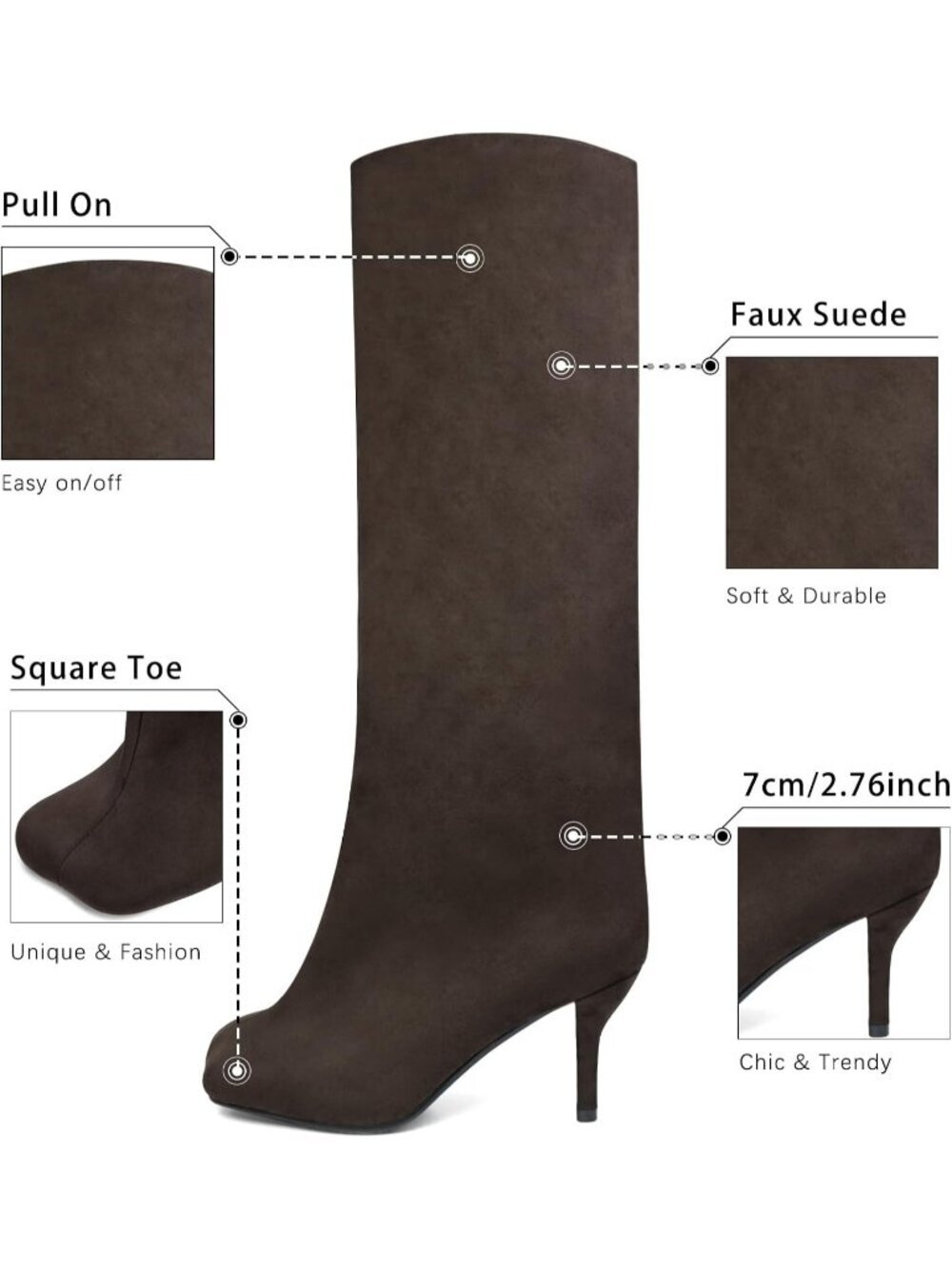 Women's Brown Wide Calf Square Toe Stiletto Heels Tall Knee High Suede Boot - Picture 5 of 6